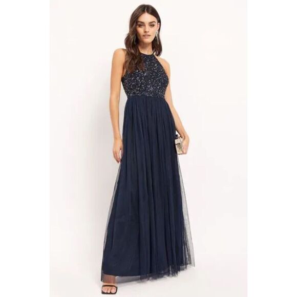 MAYA DELUXE Navy Blue Sequin Sleeveless Tulle Formal Prom Maxi Dress 10 Petite - Picture 1 of 11